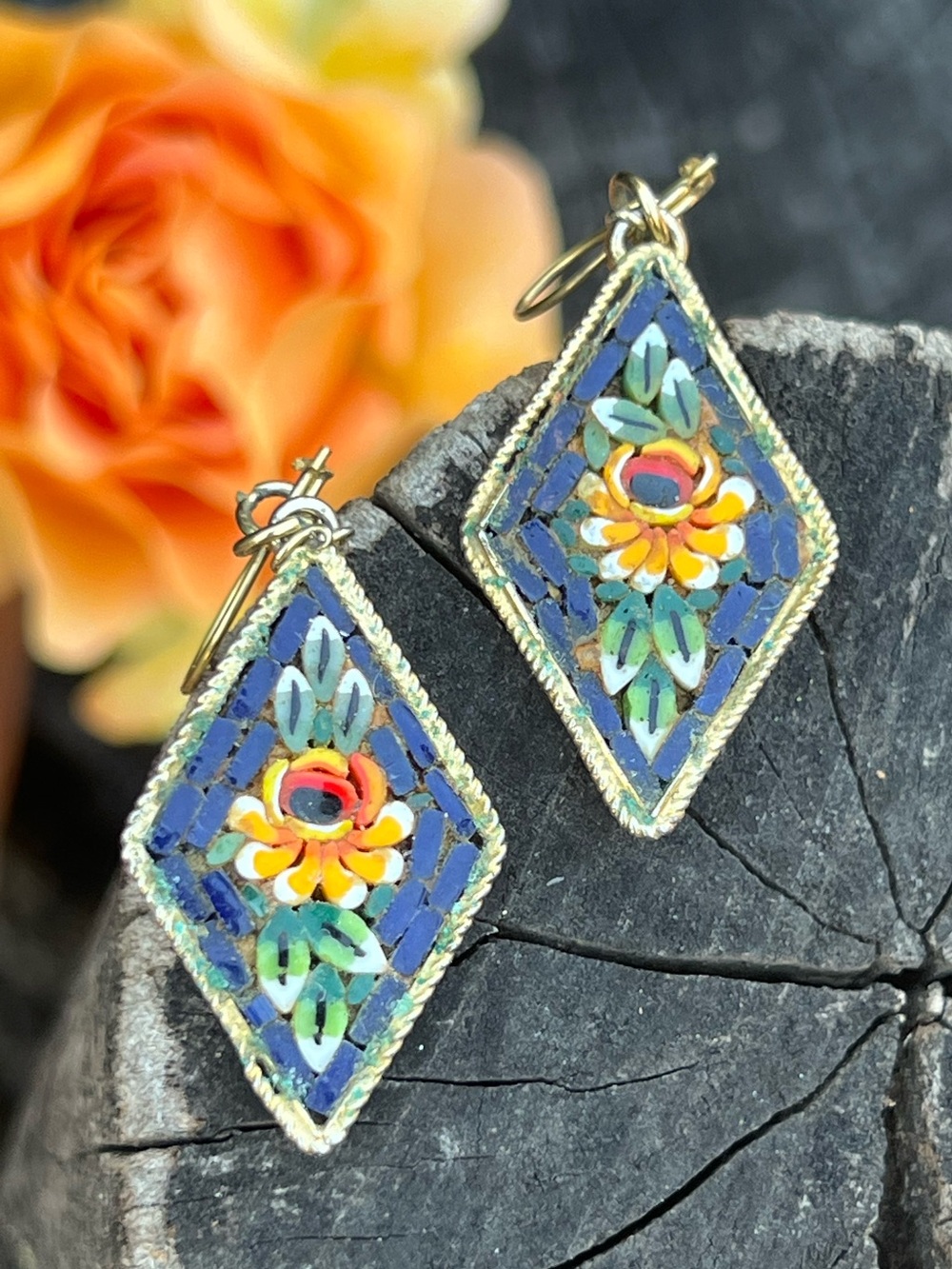 Vintage Micro Mosaic Floral Diamond Dangle Earrings - Picture 2 of 4